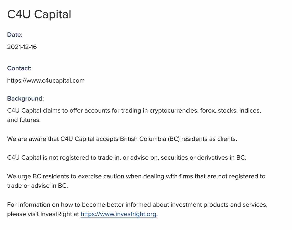 What is c4u capital on blackist of british columbia