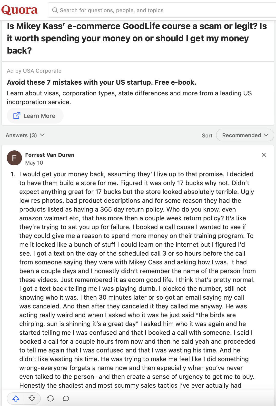 ecom good life review eCom Good Life Review is Mikey Kass a scam Quora negative review 1 Screenshot 2023 08 27 at 6.51.47 am