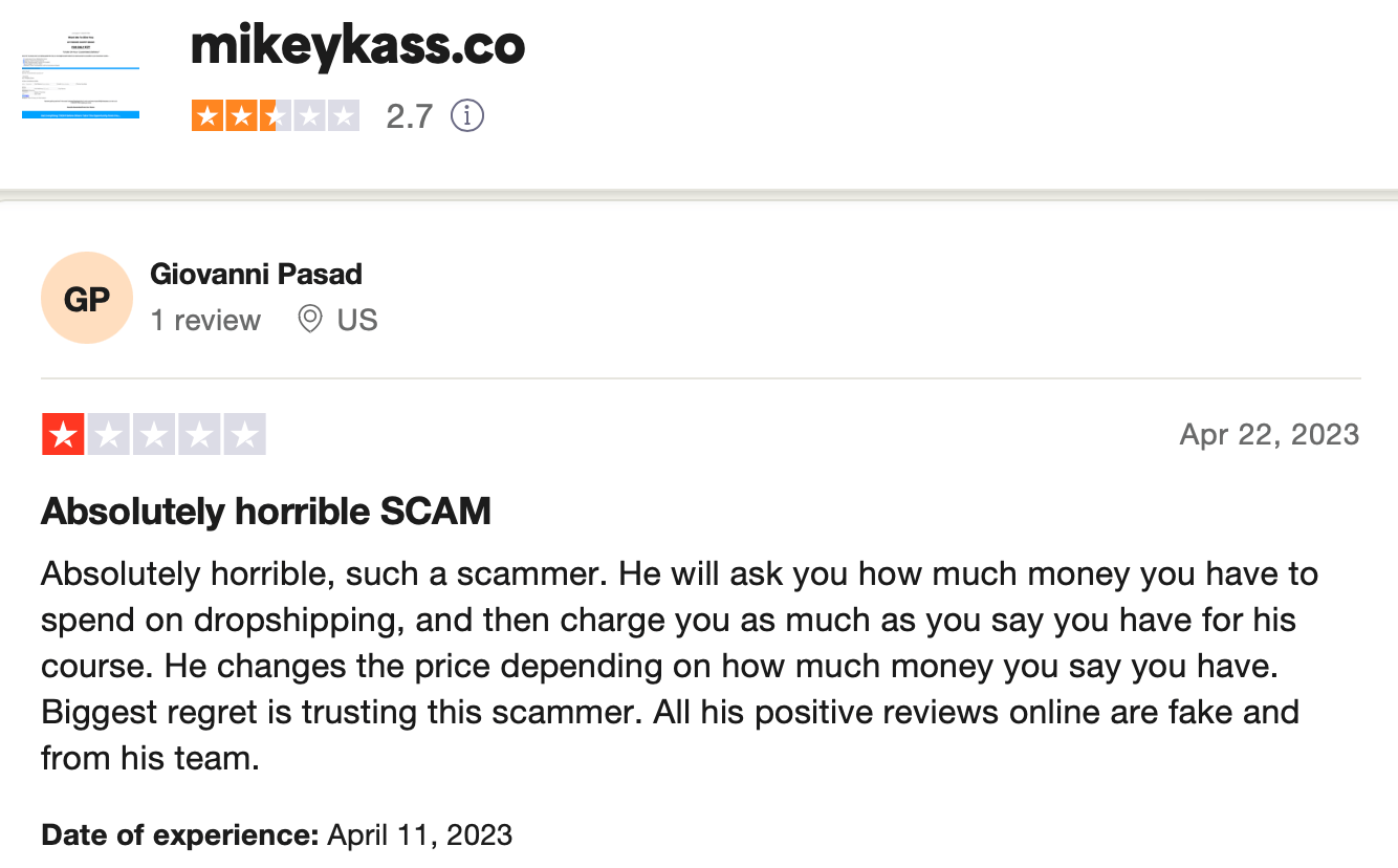 ecom good life review eCom Good Life Review is Mikey Kass a scam Trustpilot negative review 1 Screenshot 2023 08 27 at 6.49.15 am